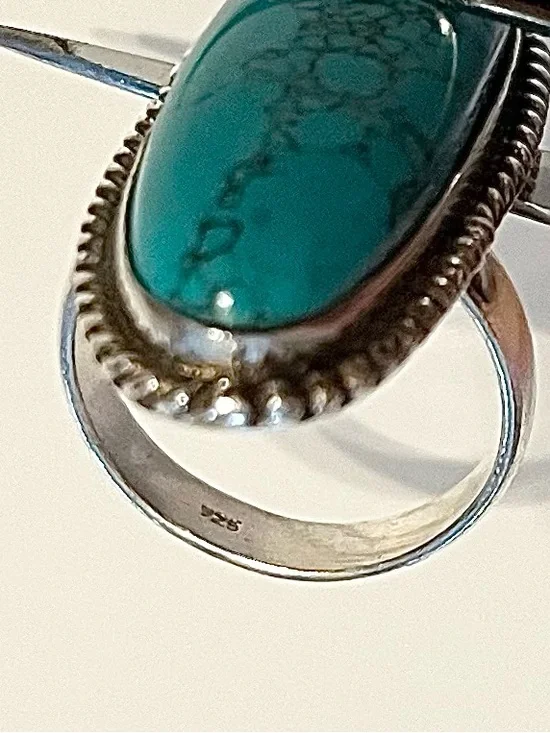 Turquoise Ring Sterling Silver 925 Oval Statement Boho Western Size 8 - Picture 7 of 8
